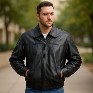 Colebrook Men Black Leather Bomber Jacket Sz L Quilted Lining Full Zip Outerwear
